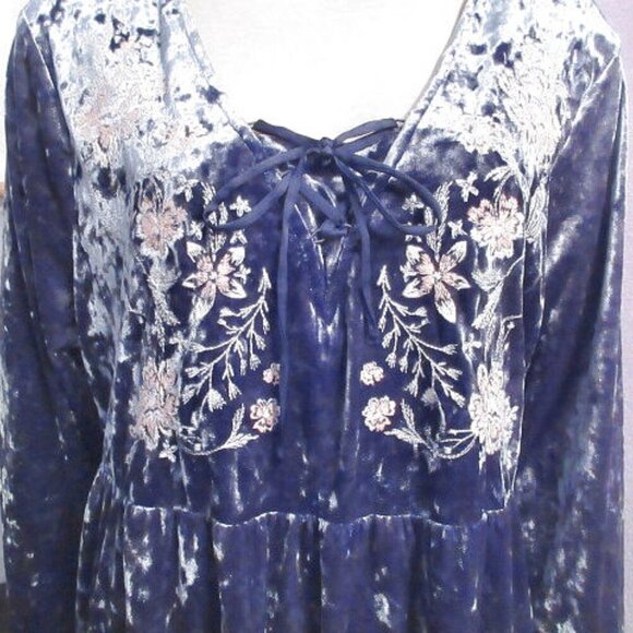 Velvet Embroidered Babydoll Tunic Top Size XL Lace Up Renaissance Fairy Peasant - Picture 3 of 12